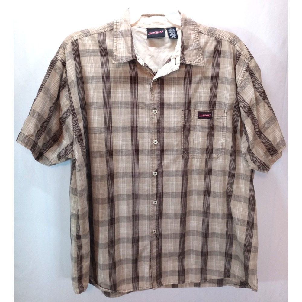 Dickies Button Down Men's Short Sleeve Shirt, 2XL, Brown‎ Beige Plaid